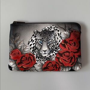 LIKE NEW! Snow Leopard and Roses Clutch by Anuschka
